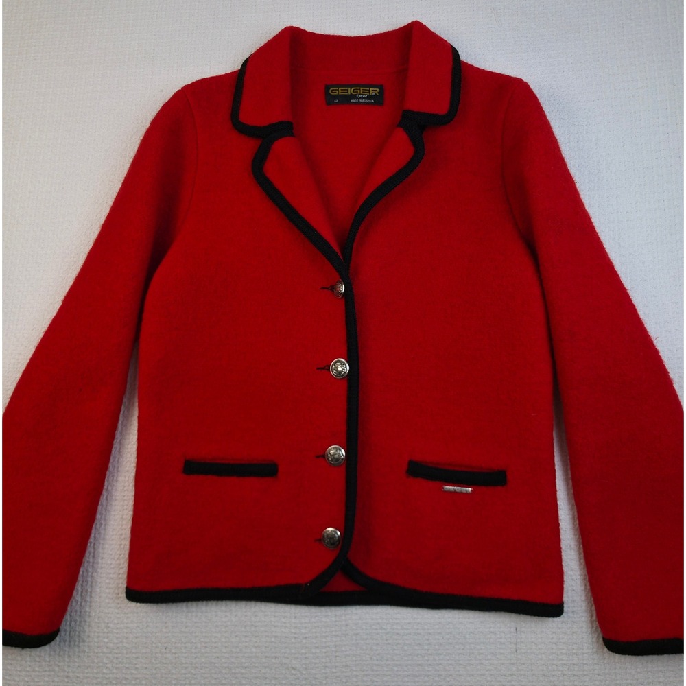 Geiger Tyrol Boiled Wool Jacket Womens Sz 42 M Red Black Trim Wool Austria